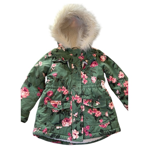 Toddler Girls Floral Parka Jacket Size 5T - Green-Pink. Sherpa Lined - Picture 2 of 11